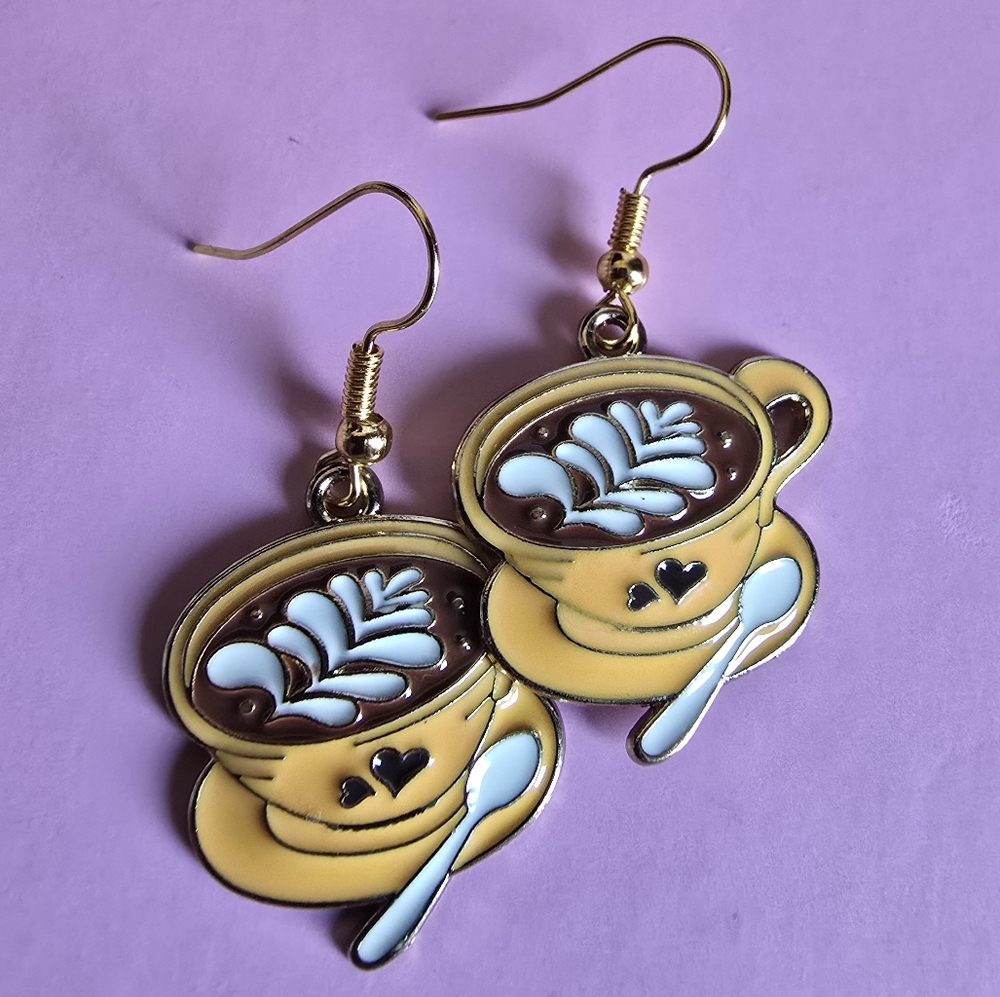 Coffee Cup Art Earrings 18k Gold Plated Nickel Free Hooks